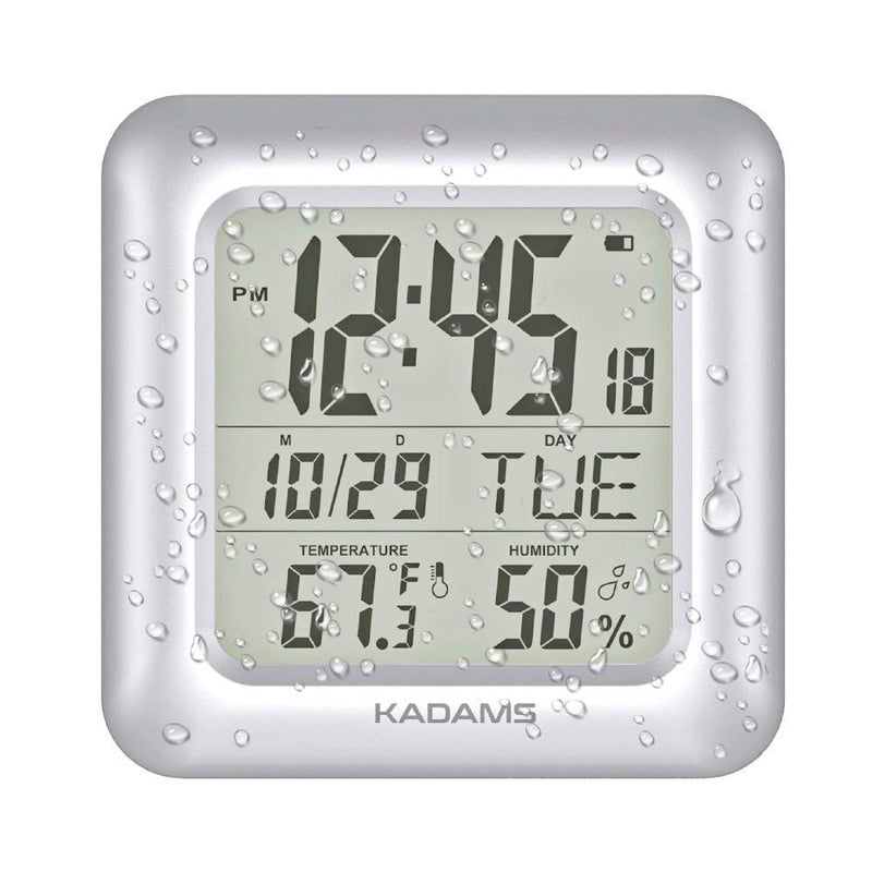 KADAMS Bathroom Clock 9.5" Kitchen Wall Clock with Large LCD Screen â€“ Shower Clock with Suction Cup,Temperature, Humidity, Calendar â€“ Water-Resistant, 4 Mounting Options, Silver - Image 1